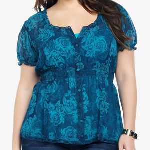Turquoise Floral Print Smocked Chiffon Empire Top